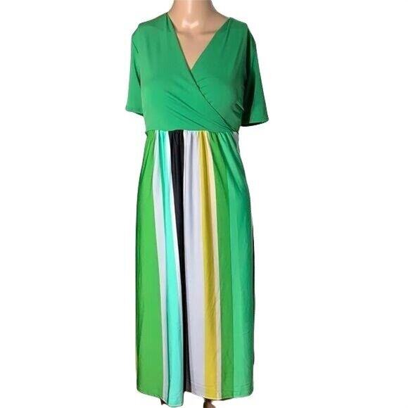 Bella Flore Womens Midi Dress Striped Empire Waist Wrap Front Green Large - Picture 3 of 10